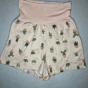 Rae Dunn Pink Cactus Print Yoga High Waist Shorts Pockets Comfort Garden Core